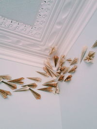Low angle view of paper rockets stuck on wall