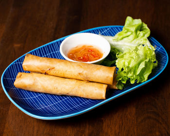 High angle view of food in plate on table