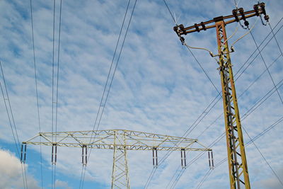 Low angle view of power lines against cloudy sky