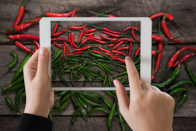 Cropped hands of woman holding digital tablet while photographing food on table