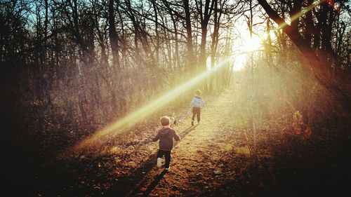 Rear view of siblings running on dirt road amidst bare trees during sunny day