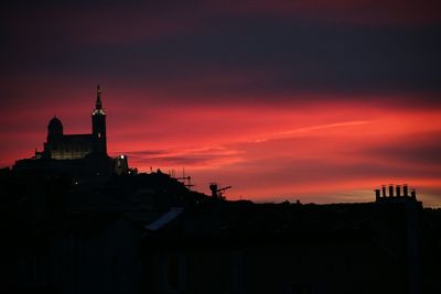 Buildings against sky at sunset