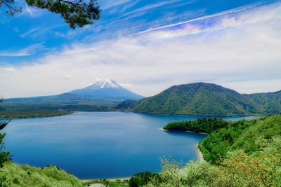 Scenic view of sea and mountains against sky