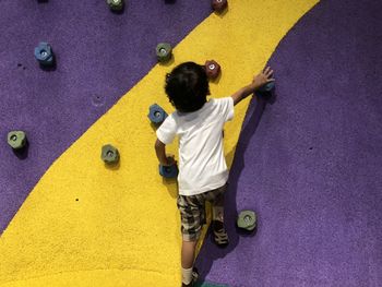 Rear view of boy climbing on wall
