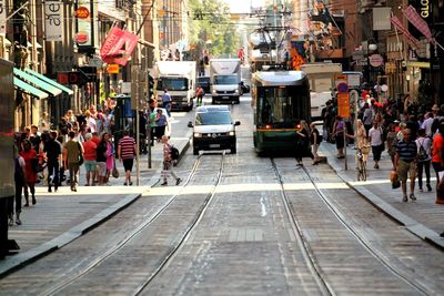 People walking on city street