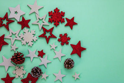 High angle view of christmas decorations on table