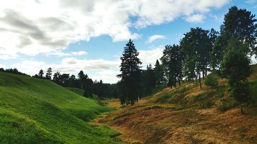 Scenic view of grassy field against cloudy sky