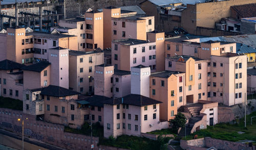 High angle view of buildings in town