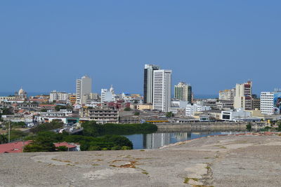 View of cityscape against clear sky