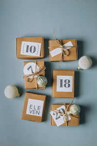 High angle view of christmas decorations on table