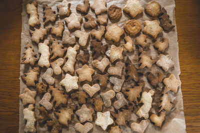 High angle view of cookies on table