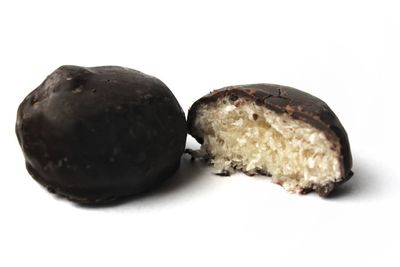 Close-up of chocolate cake against white background