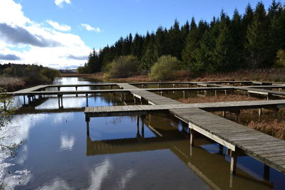Bridge over lake against sky