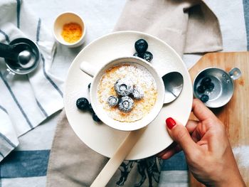 High angle view of breakfast on table