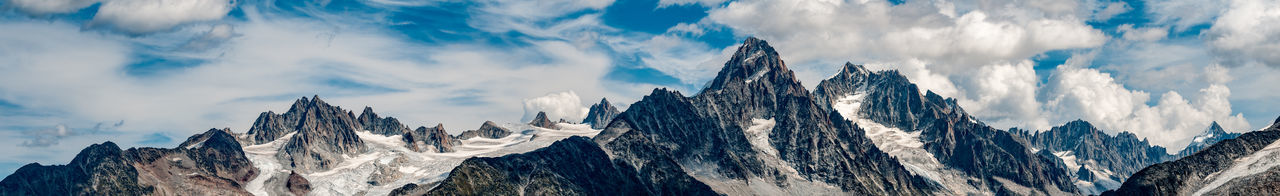 Panoramic view of snowcapped mountains against sky