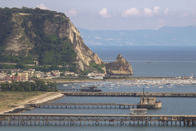 Scenic view of sea by buildings against sky