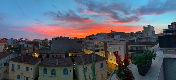 High angle view of townscape against sky during sunset