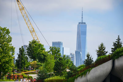 The word trade center in lower manhattan is seen from a distance.