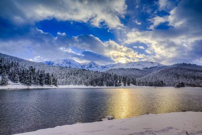 Scenic view of lake against sky at sunset