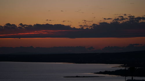 Scenic view of sea against romantic sky at sunset