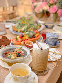 High angle view of food served on table
