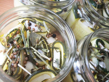 High angle view of food in jars on table