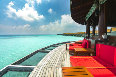 Restaurant floating on sea against sky