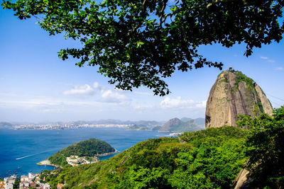 Sugarloaf mountain by sea against sky on sunny day