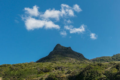 Low angle view of mountain against blue sky