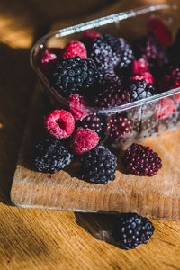 High angle view of strawberries on table