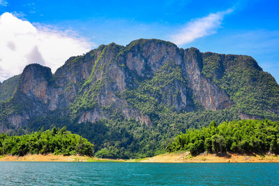 Scenic view of sea and mountains against sky