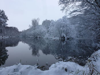 Frozen lake in forest against sky