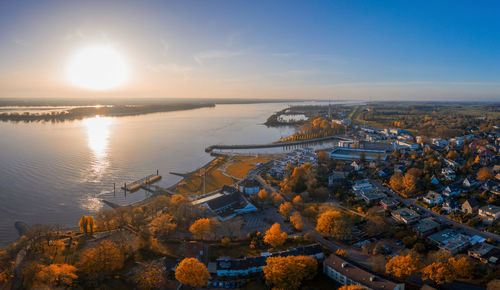 High angle view of lake against sky during sunset