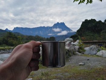 Cropped hand holding mug over field against cloudy sky