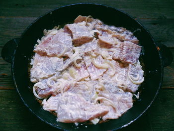 High angle view of meat in cooking pan