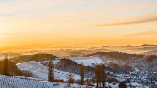 Scenic view of snow covered landscape during sunset