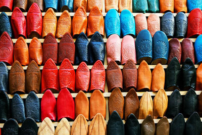 Full frame shot of footwear for sale at market