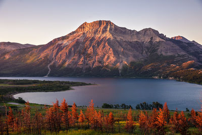 Scenic view of lake by mountains against sky