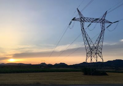 Electricity pylon on field against sky during sunset
