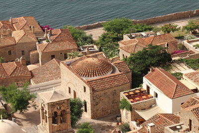 High angle view of buildings in city