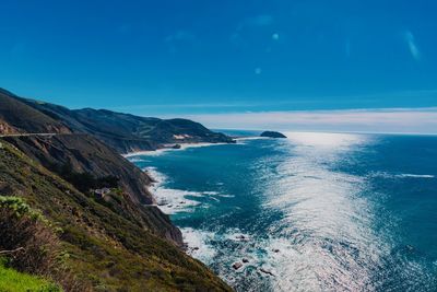 Scenic view of sea against blue sky