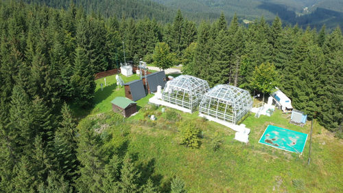 High angle view of buildings in forest