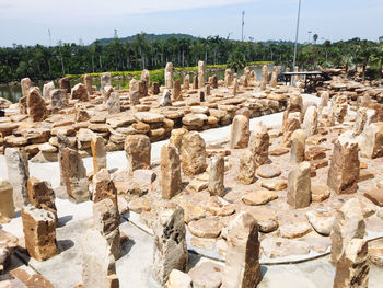 Panoramic view of rocks on landscape against sky