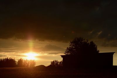 Silhouette trees on field against sky at sunset