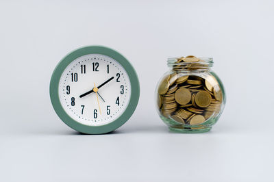 Close-up of alarm clock against white background