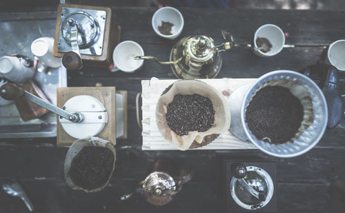 High angle view of coffee cups on table