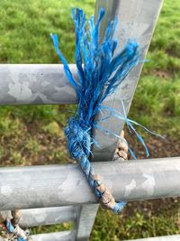 Close-up of rope tied to fence on field