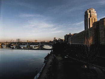 Bridge over river with city in background