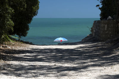 Scenic view of sea against clear blue sky