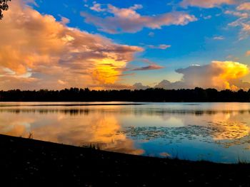 Scenic view of lake against sky during sunset